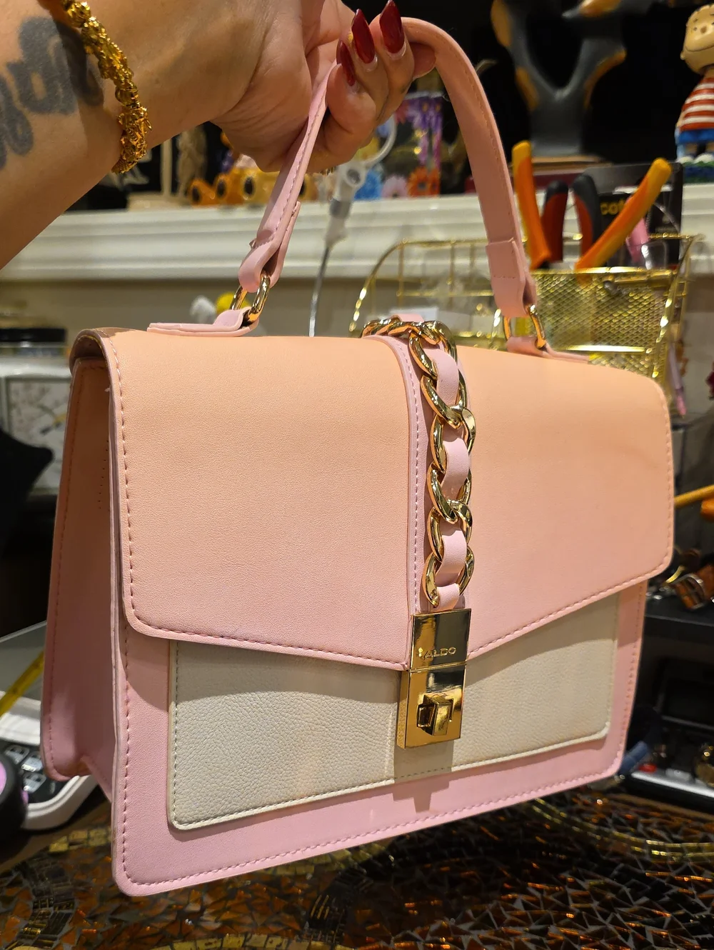 ALDO Pink and Cream Top-Handle Satchel with Gold Chain